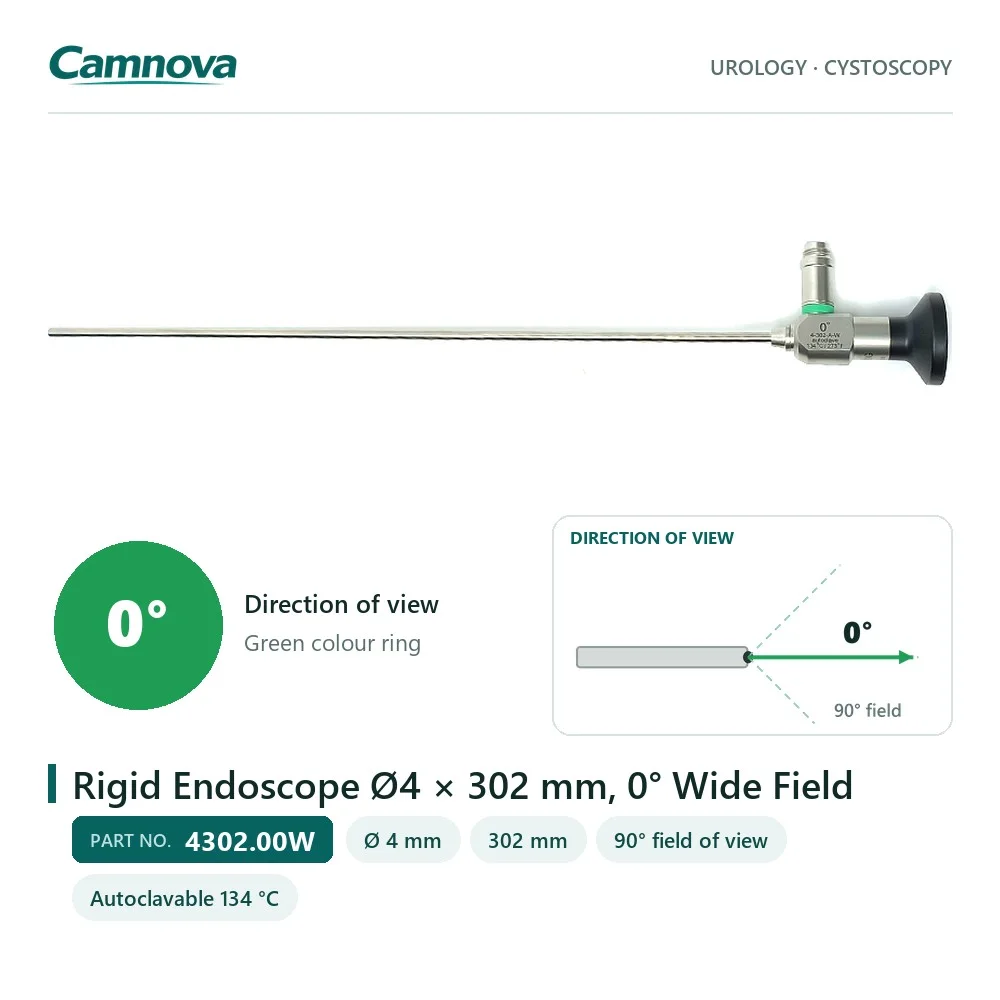 4302.00W rigid endoscope 4 mm × 302 mm, 0° wide field, green colour ring