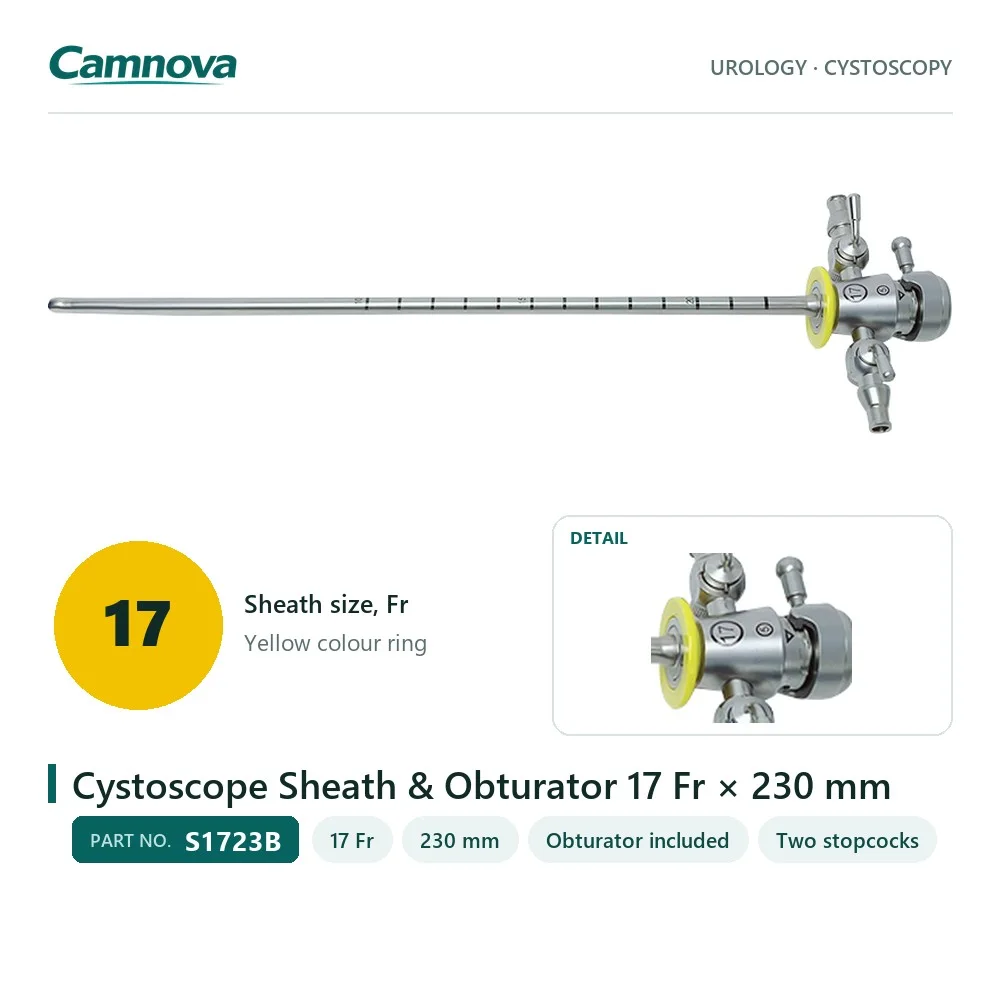 S1723B cystoscope sheath 17 Fr × 230 mm with obturator, yellow colour ring