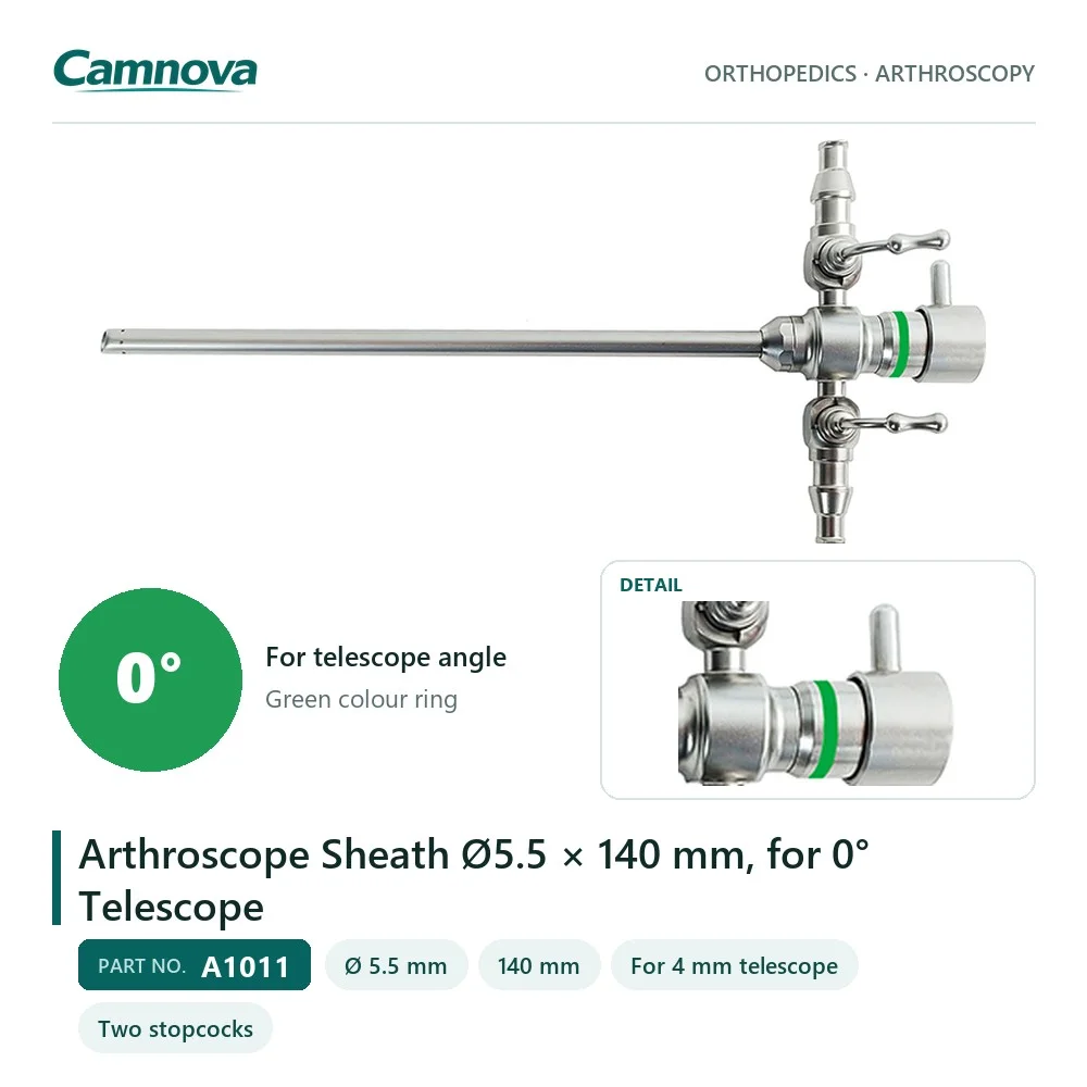 A1011 arthroscope sheath 5.5 mm × 140 mm, green colour ring, two stopcocks